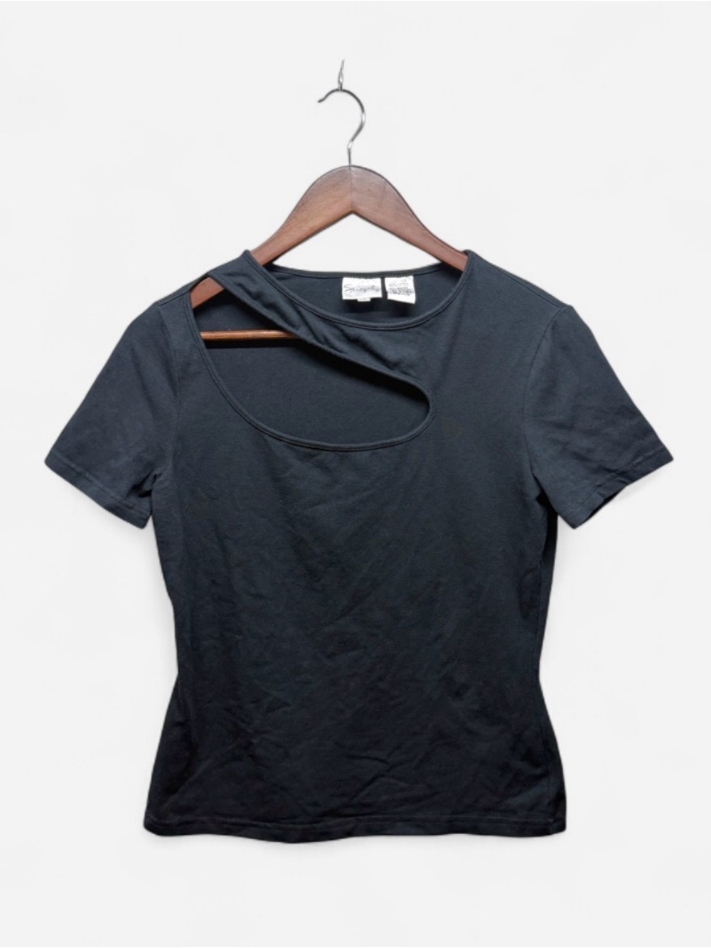 Spiegel Black Short Sleeve Cutout Asymmetric Neck Top